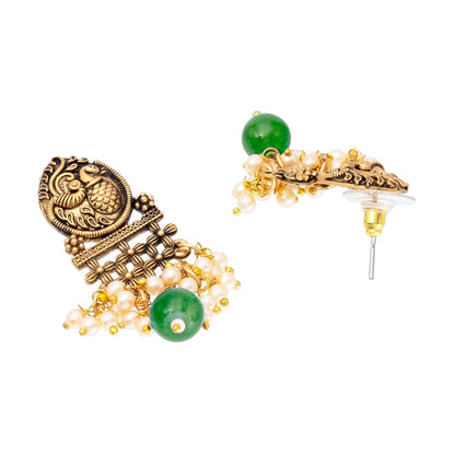 Traditional Indian Matte Antique Gold Plated Oxidised Kundan,CZ, Studded Peacock Design Dori Necklace with Matching Earring Jewelry Set For Women - Green (SJN_259_G)