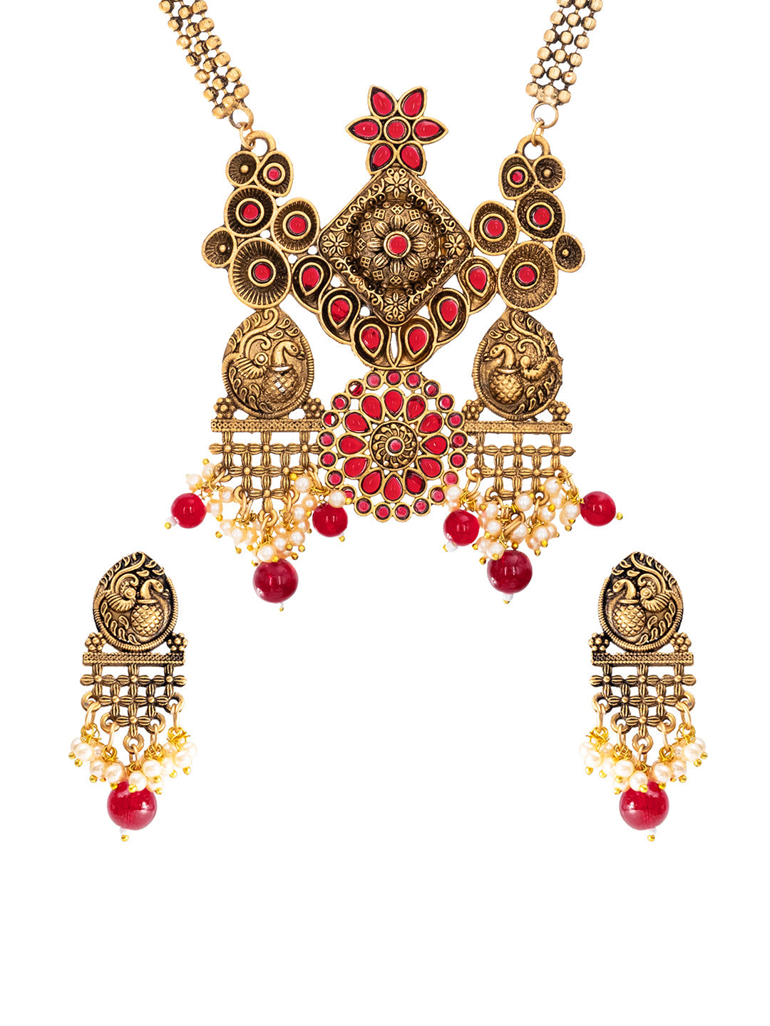 Traditional Indian Matte Antique Gold Plated Oxidised Kundan,CZ, Studded Peacock Design Dori Necklace with Matching Earring Jewelry Set For Women - Maroon (SJN_259_M)