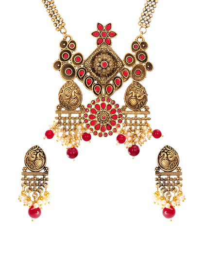 Traditional Indian Matte Antique Gold Plated Oxidised Kundan,CZ, Studded Peacock Design Dori Necklace with Matching Earring Jewelry Set For Women - Maroon (SJN_259_M)