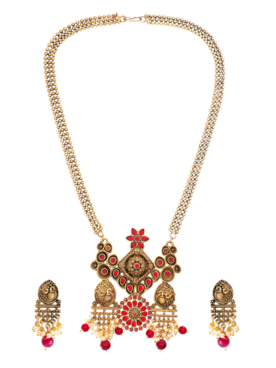 Traditional Indian Matte Antique Gold Plated Oxidised Kundan,CZ, Studded Peacock Design Dori Necklace with Matching Earring Jewelry Set For Women - Maroon (SJN_259_M)