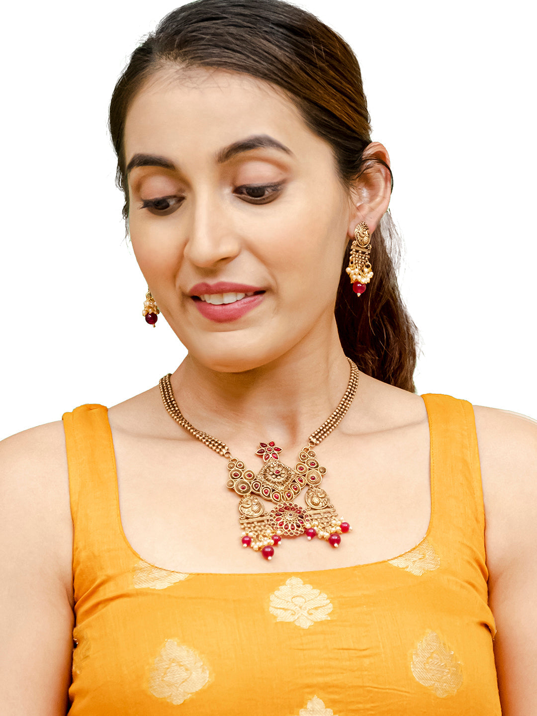 Traditional Indian Matte Antique Gold Plated Oxidised Kundan,CZ, Studded Peacock Design Dori Necklace with Matching Earring Jewelry Set For Women - Maroon (SJN_259_M)