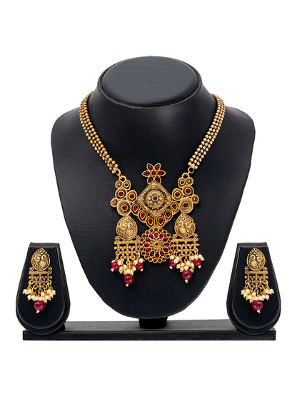 Traditional Indian Matte Antique Gold Plated Oxidised Kundan,CZ, Studded Peacock Design Dori Necklace with Matching Earring Jewelry Set For Women - Maroon (SJN_259_M)