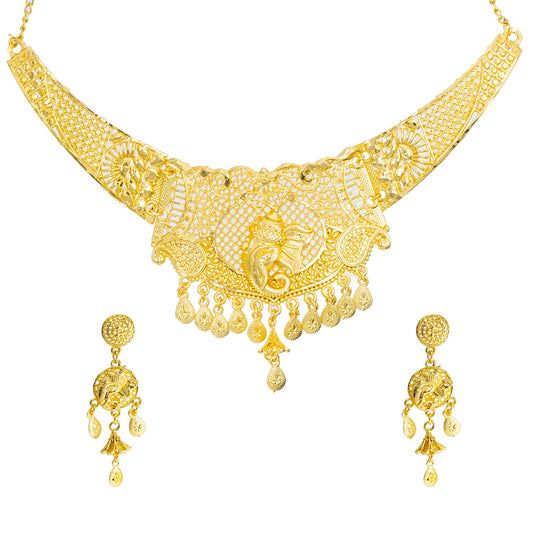 Traditional Indian One Gram Bridal Gold Plated Studded Lord Ganesha Design Choker Necklace with Matching Earring Jewelry Set For Women - (SJN_260)