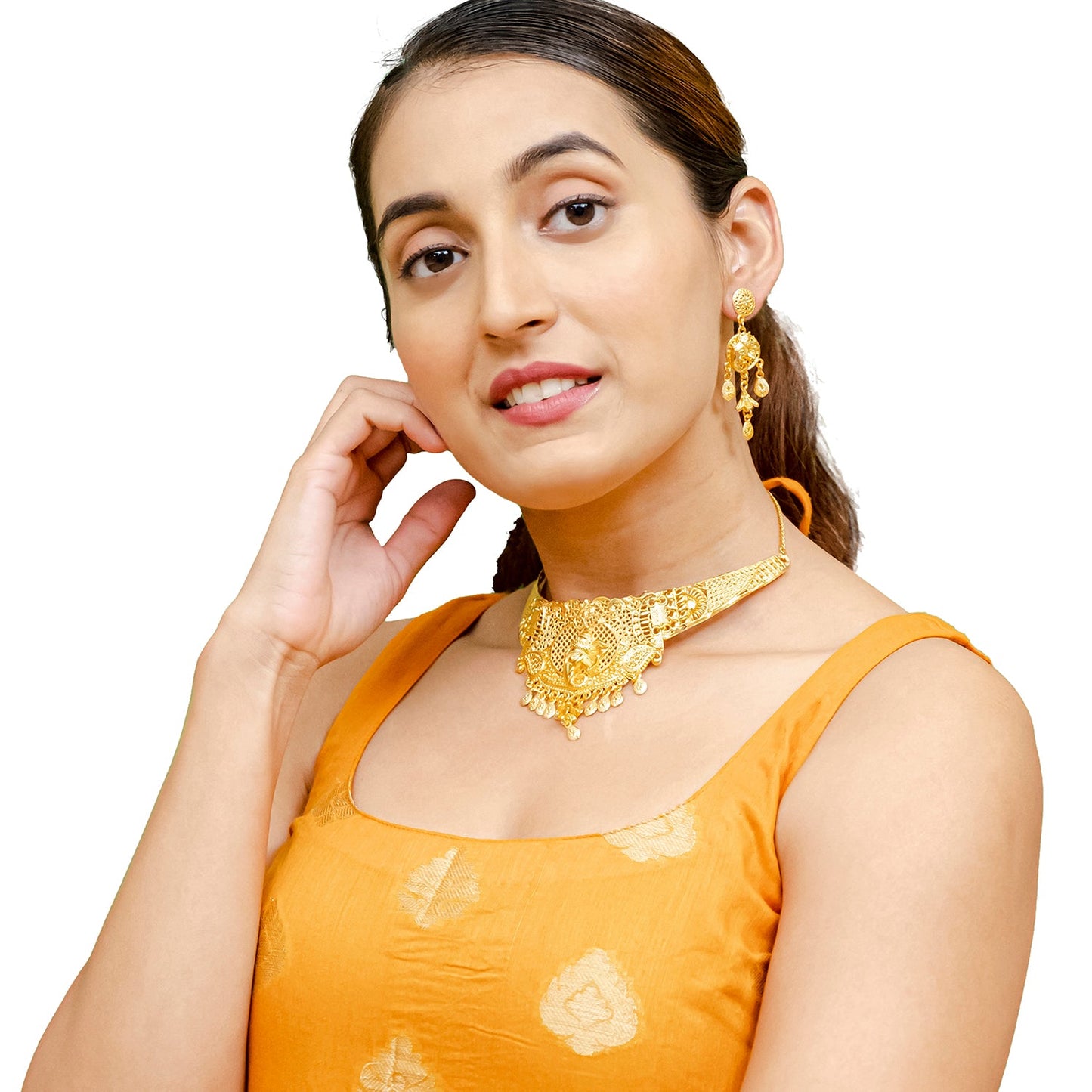 Traditional Indian One Gram Bridal Gold Plated Studded Lord Ganesha Design Choker Necklace with Matching Earring Jewelry Set For Women - (SJN_260)