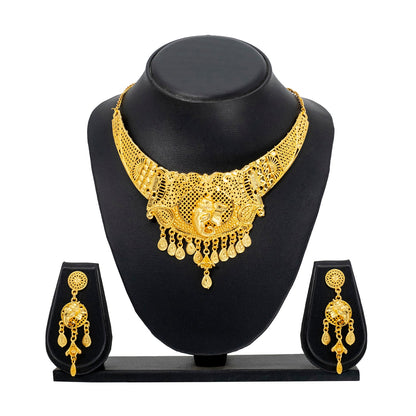 Traditional Indian One Gram Bridal Gold Plated Studded Lord Ganesha Design Choker Necklace with Matching Earring Jewelry Set For Women - (SJN_260)