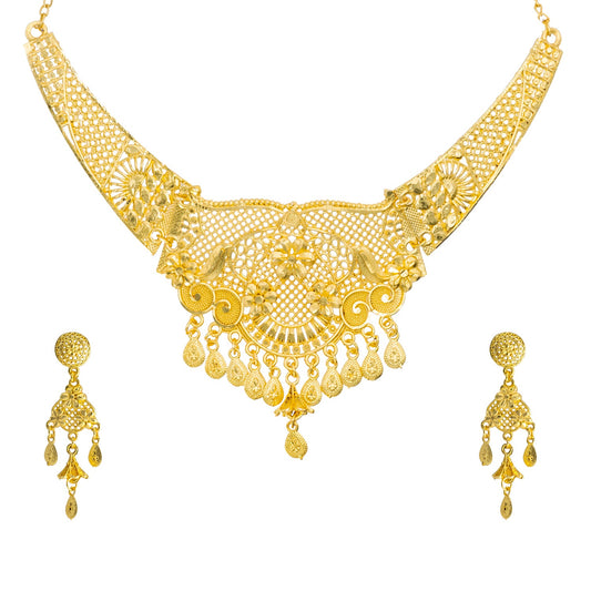 Traditional Indian One Gram Bridal Gold Plated Studded Choker Necklace with Matching Earring Jewelry Set For Women - (SJN_261)