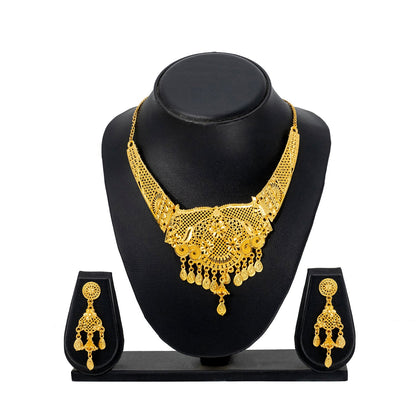 Traditional Indian One Gram Bridal Gold Plated Studded Choker Necklace with Matching Earring Jewelry Set For Women - (SJN_261)