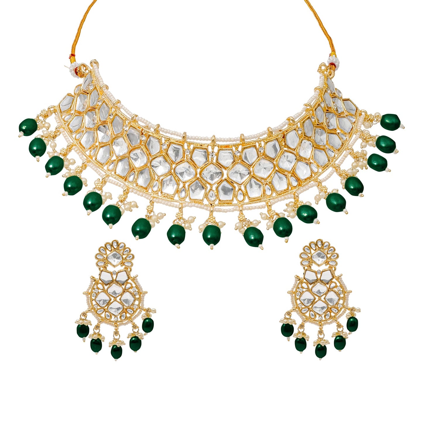 Traditional Indian Gold Plated Kundan,CZ, Studded Choker Wedding, Bridal Necklace with Matching Earring Jewelry Set For Women - Green (SJN_262_G)