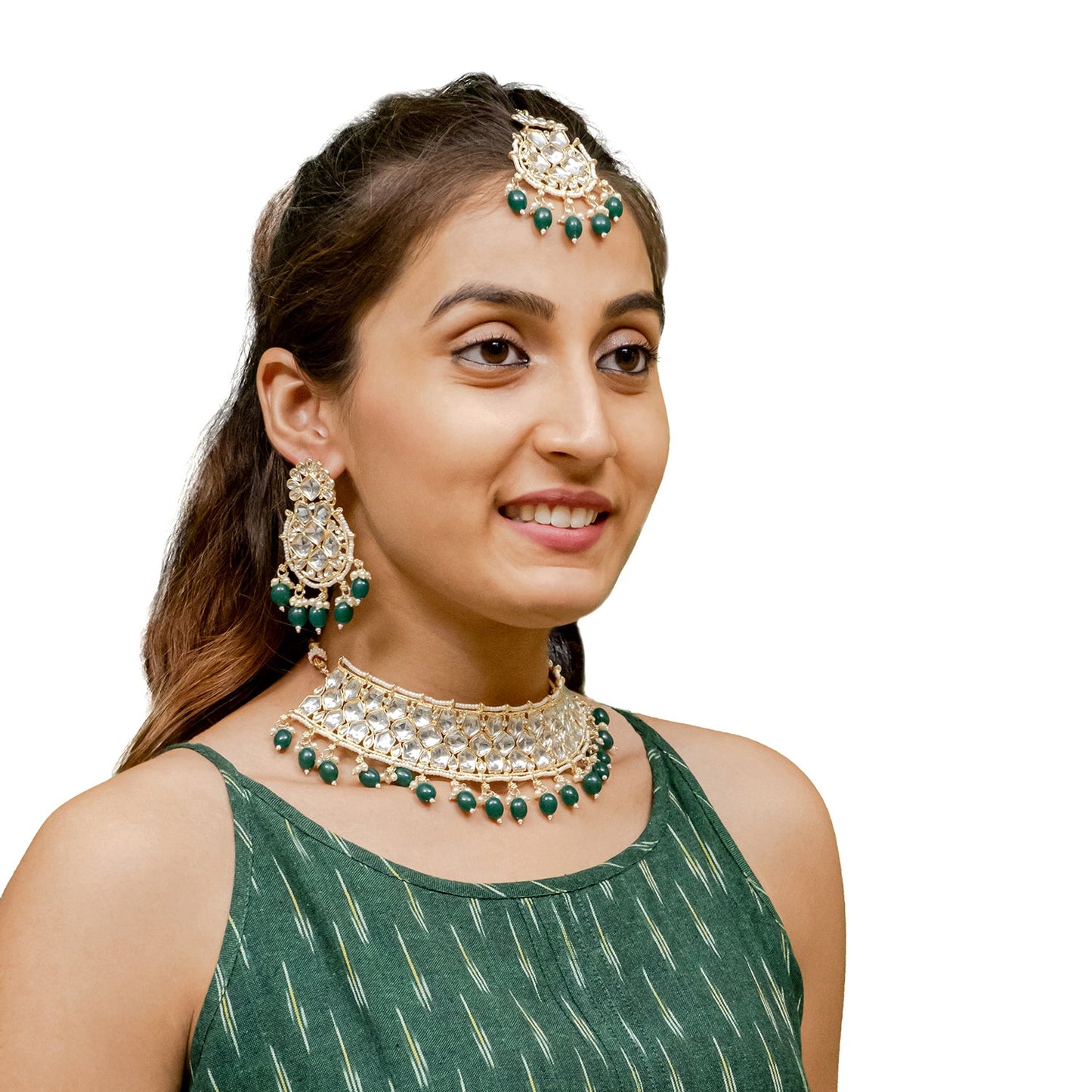 Traditional Indian Gold Plated Kundan,CZ, Studded Choker Wedding, Bridal Necklace with Matching Earring Jewelry Set For Women - Green (SJN_262_G)