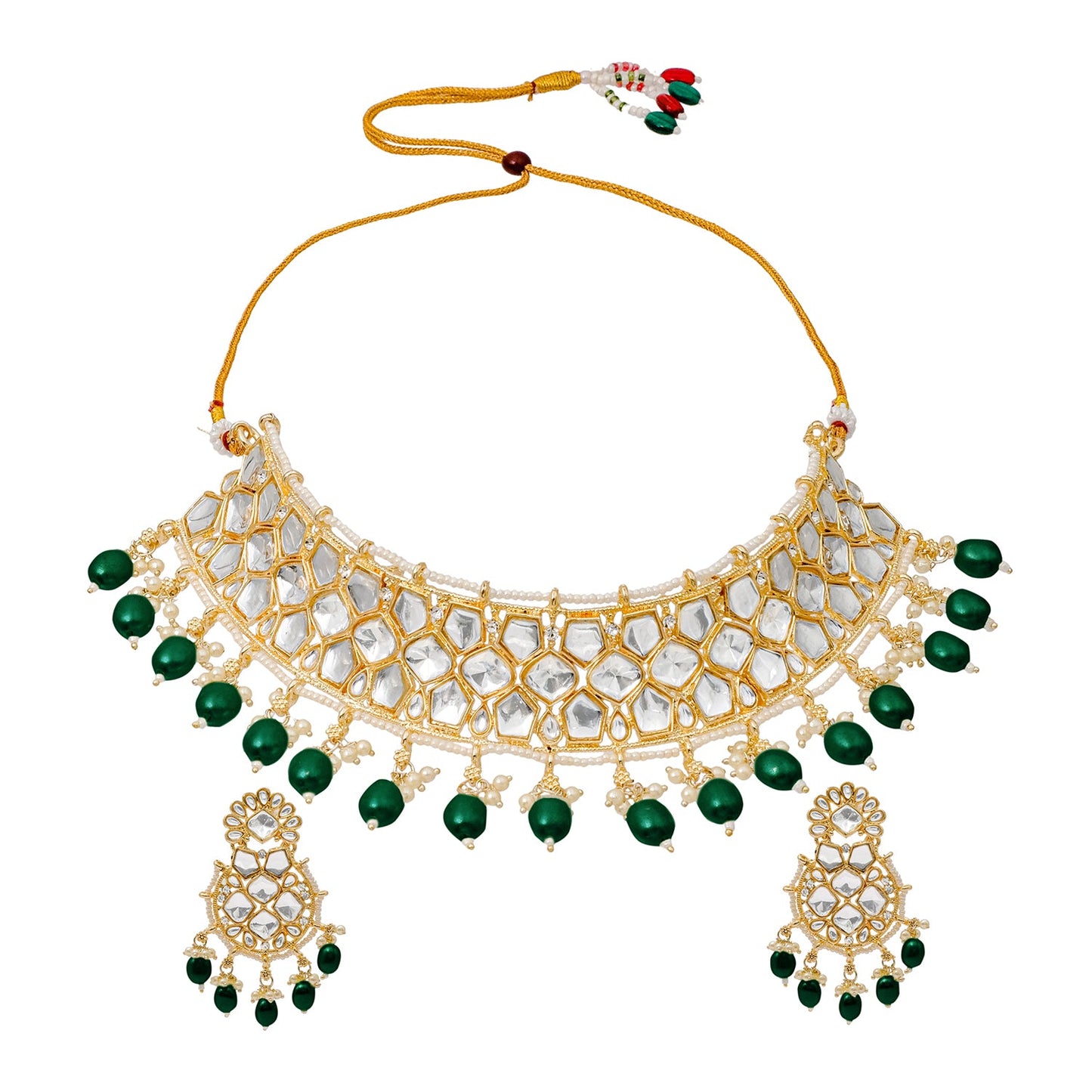 Traditional Indian Gold Plated Kundan,CZ, Studded Choker Wedding, Bridal Necklace with Matching Earring Jewelry Set For Women - Green (SJN_262_G)