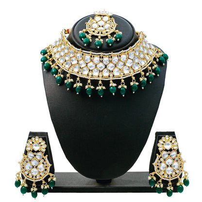 Traditional Indian Gold Plated Kundan,CZ, Studded Choker Wedding, Bridal Necklace with Matching Earring Jewelry Set For Women - Green (SJN_262_G)