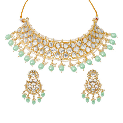 Traditional Indian Gold Plated Kundan,CZ, Studded Choker Wedding, Bridal Necklace with Matching Earring Jewelry Set For Women - Light Green (SJN_262_LG)