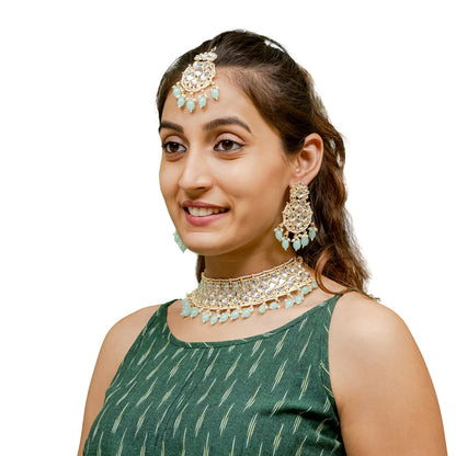 Traditional Indian Gold Plated Kundan,CZ, Studded Choker Wedding, Bridal Necklace with Matching Earring Jewelry Set For Women - Light Green (SJN_262_LG)