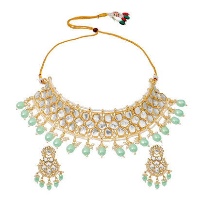 Traditional Indian Gold Plated Kundan,CZ, Studded Choker Wedding, Bridal Necklace with Matching Earring Jewelry Set For Women - Light Green (SJN_262_LG)