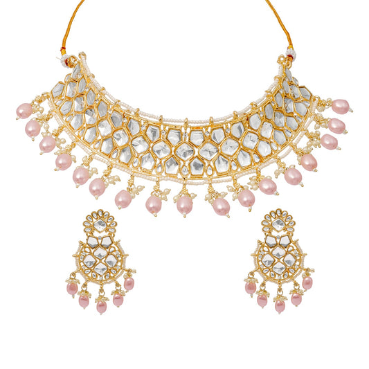 Traditional Indian Gold Plated Kundan,CZ, Studded Choker Wedding, Bridal Necklace with Matching Earring Jewelry Set For Women - Light Pink (SJN_262_LP)