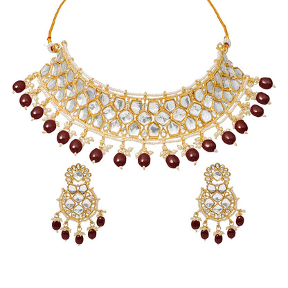 Traditional Indian Gold Plated Kundan,CZ, Studded Choker Wedding, Bridal Necklace with Matching Earring Jewelry Set For Women - Maroon (SJN_262_M)