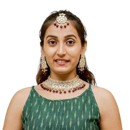 Traditional Indian Gold Plated Kundan,CZ, Studded Choker Wedding, Bridal Necklace with Matching Earring Jewelry Set For Women - Maroon (SJN_262_M)