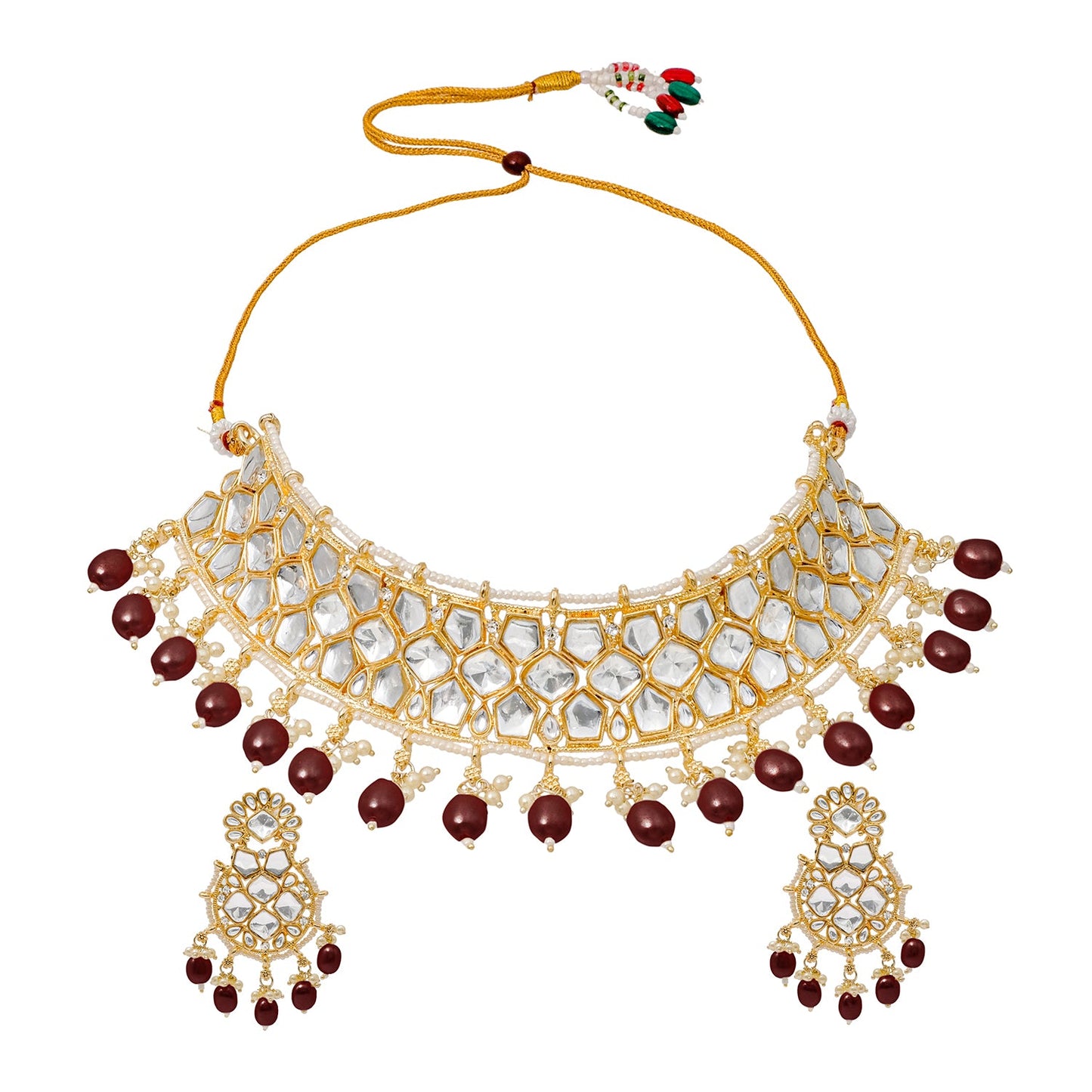 Traditional Indian Gold Plated Kundan,CZ, Studded Choker Wedding, Bridal Necklace with Matching Earring Jewelry Set For Women - Maroon (SJN_262_M)