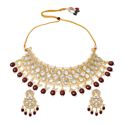 Traditional Indian Gold Plated Kundan,CZ, Studded Choker Wedding, Bridal Necklace with Matching Earring Jewelry Set For Women - Maroon (SJN_262_M)