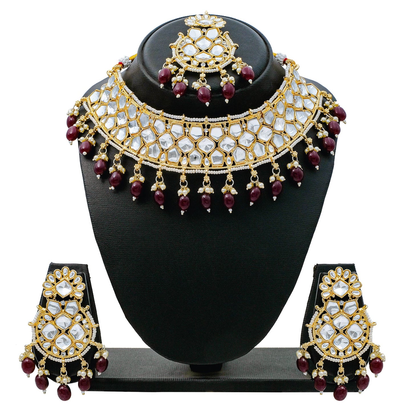 Traditional Indian Gold Plated Kundan,CZ, Studded Choker Wedding, Bridal Necklace with Matching Earring Jewelry Set For Women - Maroon (SJN_262_M)