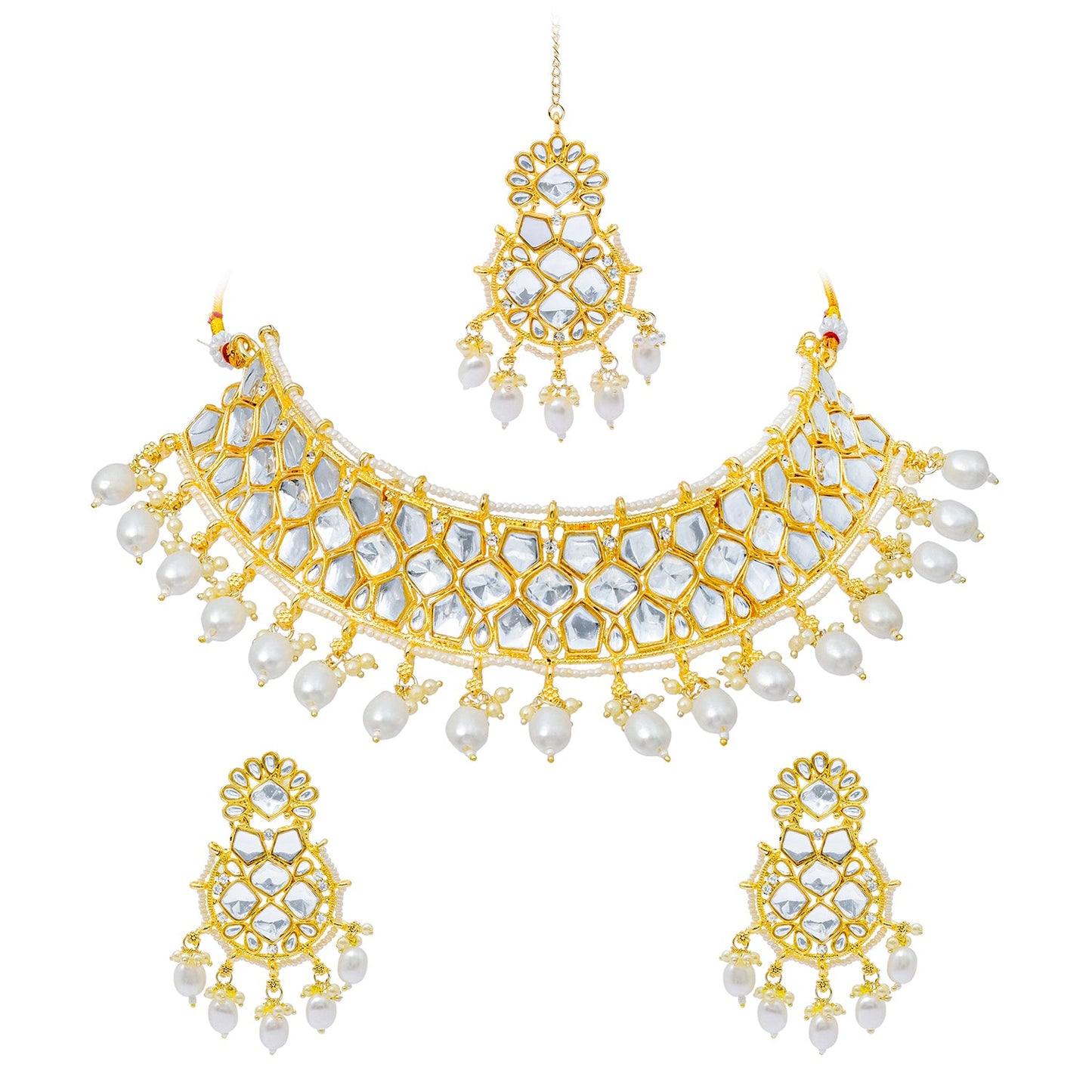 Traditional Indian Gold Plated Kundan,CZ, Studded Choker Wedding, Bridal Necklace with Matching Earring Jewelry Set For Women - White (SJN_262_W)