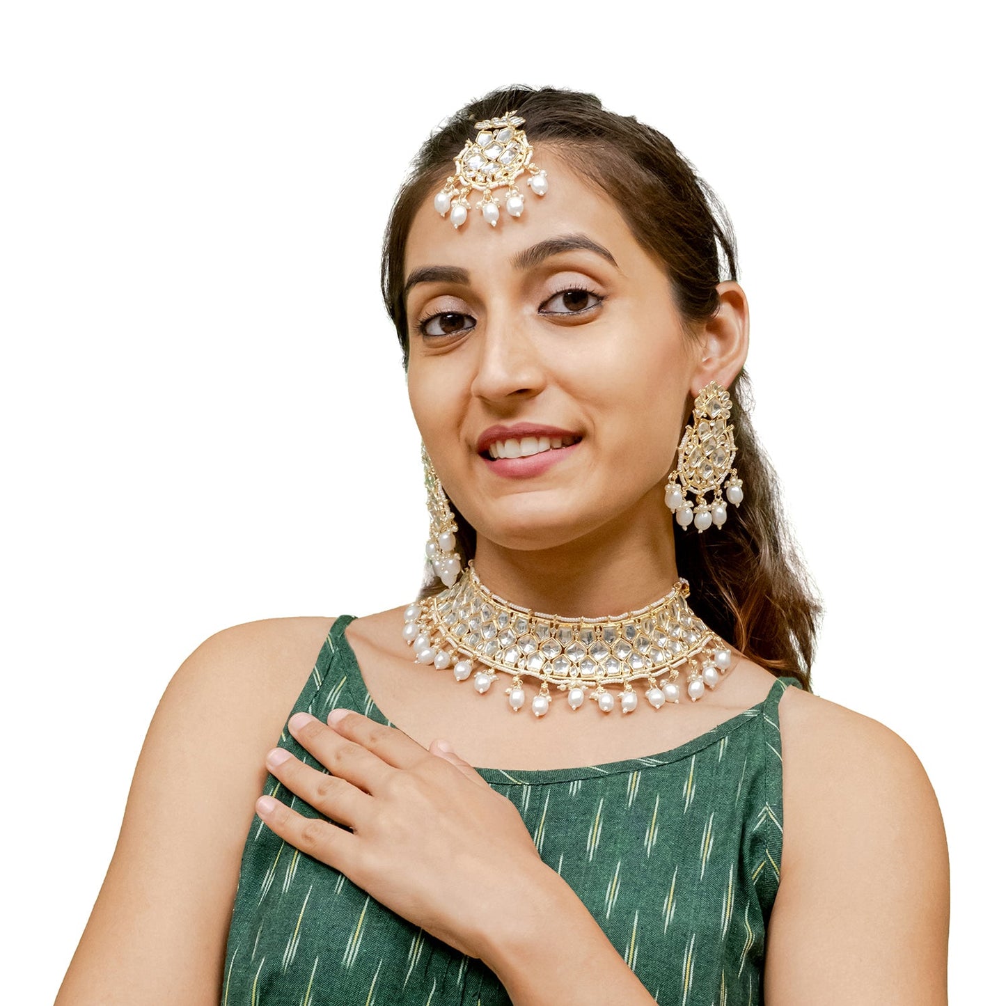 Traditional Indian Gold Plated Kundan,CZ, Studded Choker Wedding, Bridal Necklace with Matching Earring Jewelry Set For Women - White (SJN_262_W)