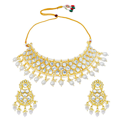 Traditional Indian Gold Plated Kundan,CZ, Studded Choker Wedding, Bridal Necklace with Matching Earring Jewelry Set For Women - White (SJN_262_W)