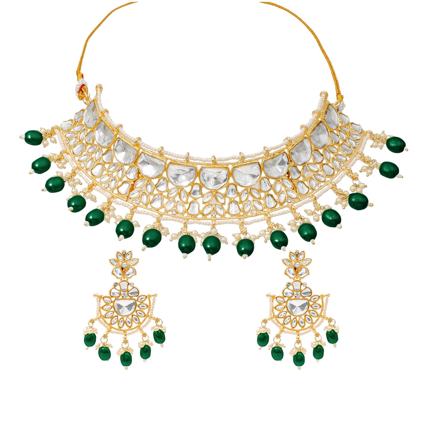 Traditional Indian Gold Plated Kundan,CZ, Studded Choker Wedding, Bridal Necklace with Matching Earring Jewelry Set For Women - Green (SJN_263_G)