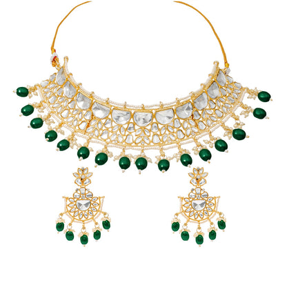 Traditional Indian Gold Plated Kundan,CZ, Studded Choker Wedding, Bridal Necklace with Matching Earring Jewelry Set For Women - Green (SJN_263_G)