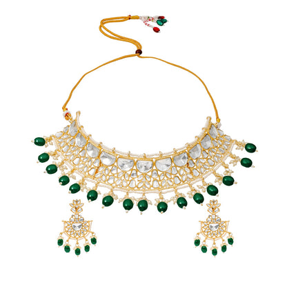 Traditional Indian Gold Plated Kundan,CZ, Studded Choker Wedding, Bridal Necklace with Matching Earring Jewelry Set For Women - Green (SJN_263_G)