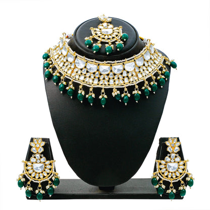 Traditional Indian Gold Plated Kundan,CZ, Studded Choker Wedding, Bridal Necklace with Matching Earring Jewelry Set For Women - Green (SJN_263_G)