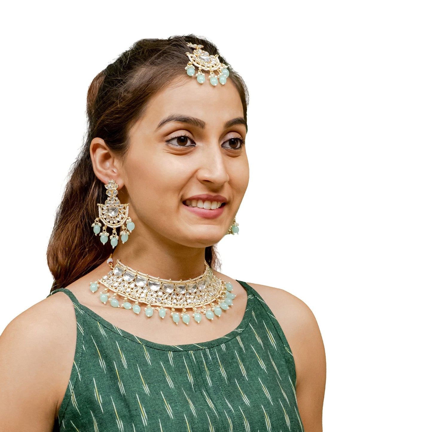 Traditional Indian Gold Plated Kundan,CZ, Studded Choker Wedding, Bridal Necklace with Matching Earring Jewelry Set For Women - Light Green (SJN_263_LG)