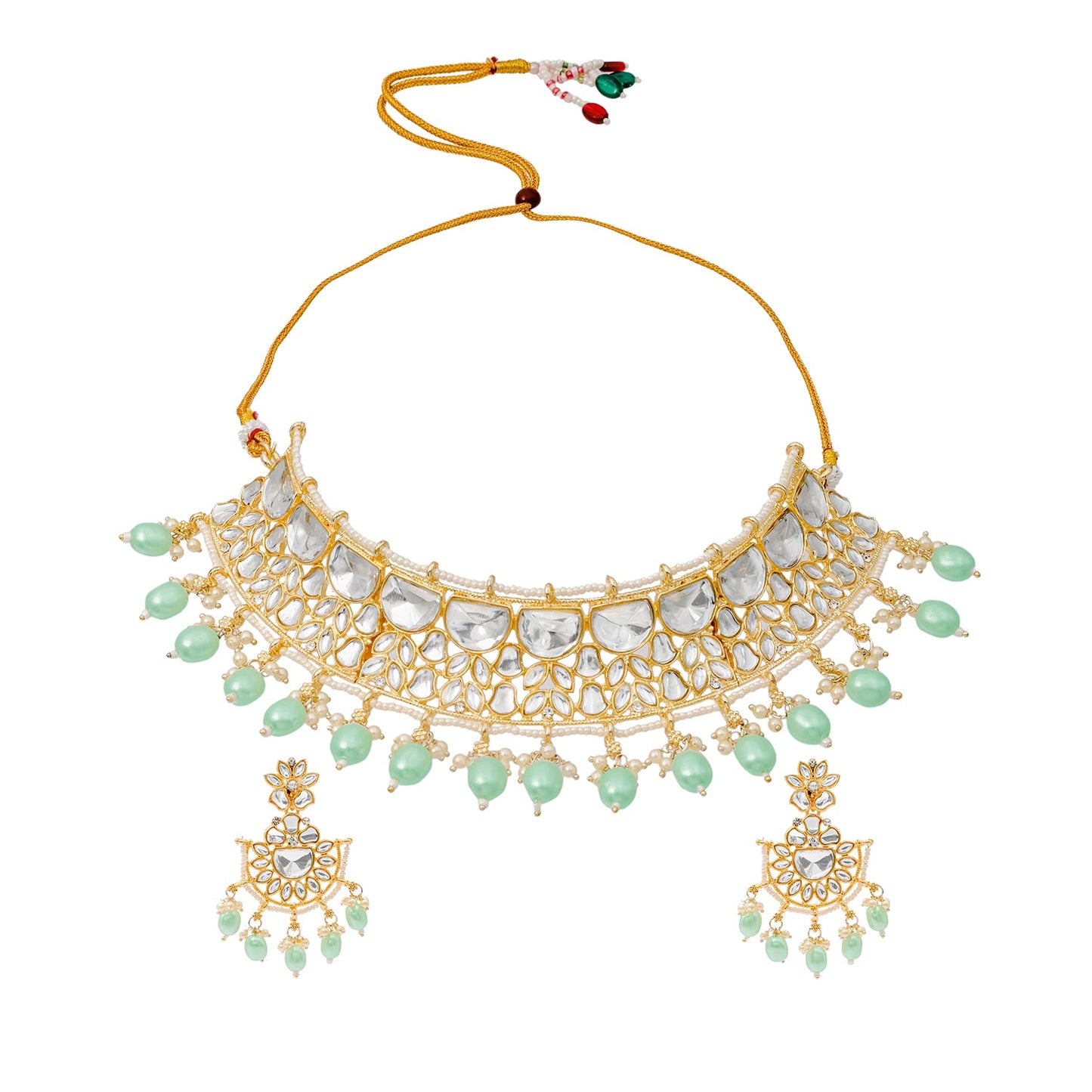 Traditional Indian Gold Plated Kundan,CZ, Studded Choker Wedding, Bridal Necklace with Matching Earring Jewelry Set For Women - Light Green (SJN_263_LG)