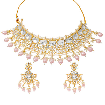 Traditional Indian Gold Plated Kundan,CZ, Studded Choker Wedding, Bridal Necklace with Matching Earring Jewelry Set For Women - Light Pink (SJN_263_LP)