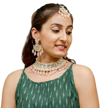 Traditional Indian Gold Plated Kundan,CZ, Studded Choker Wedding, Bridal Necklace with Matching Earring Jewelry Set For Women - Light Pink (SJN_263_LP)