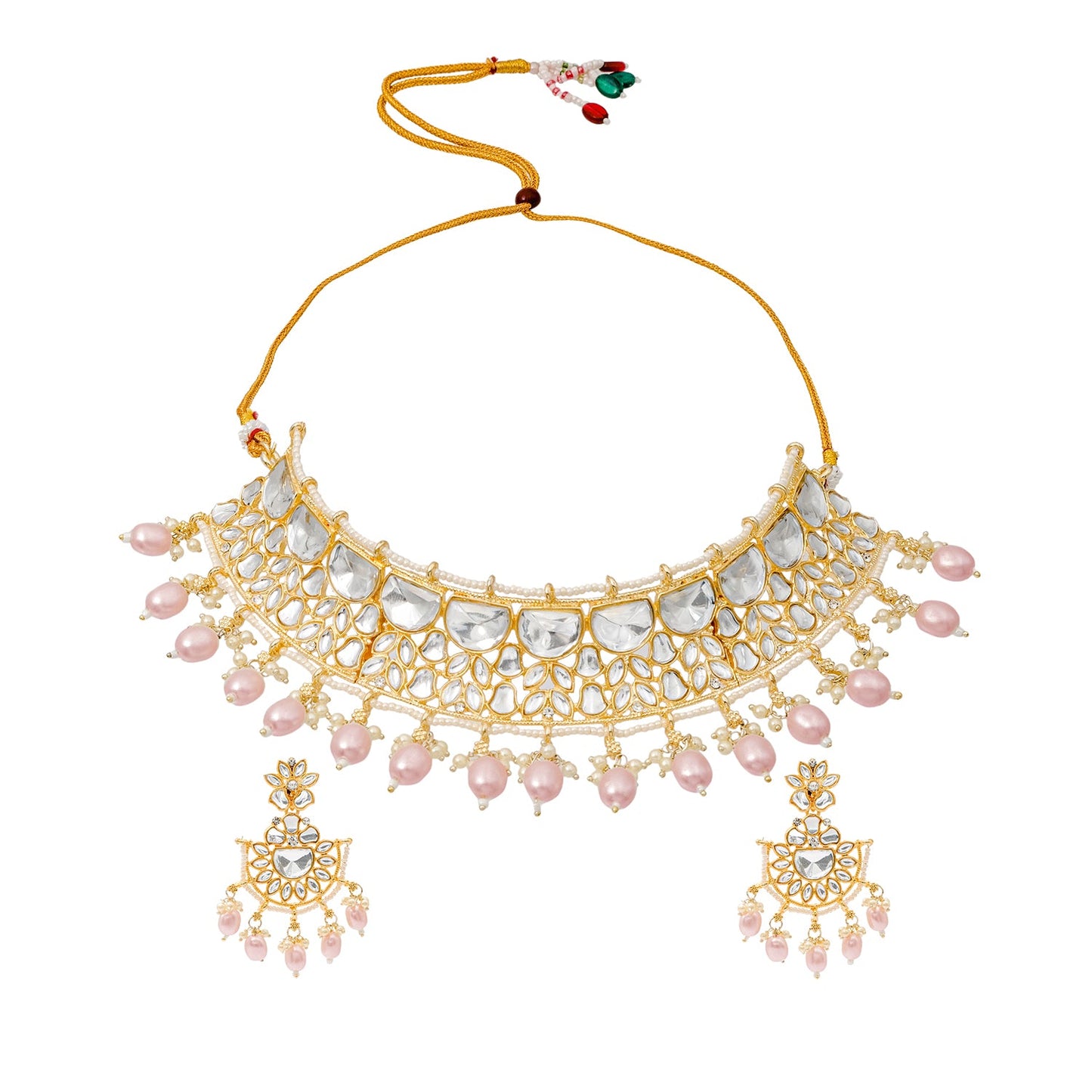 Traditional Indian Gold Plated Kundan,CZ, Studded Choker Wedding, Bridal Necklace with Matching Earring Jewelry Set For Women - Light Pink (SJN_263_LP)