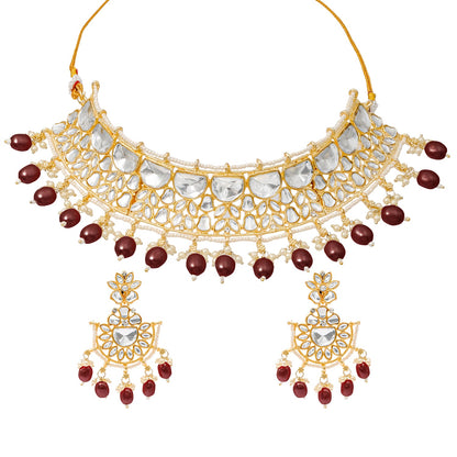 Traditional Indian Gold Plated Kundan,CZ, Studded Choker Wedding, Bridal Necklace with Matching Earring Jewelry Set For Women - Maroon (SJN_263_M)