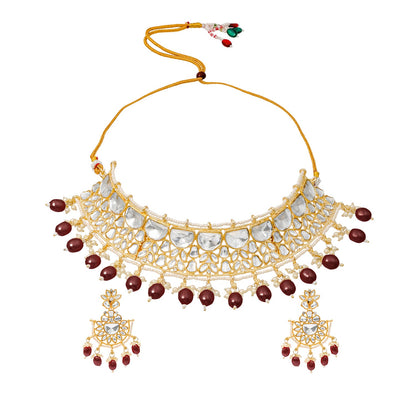 Traditional Indian Gold Plated Kundan,CZ, Studded Choker Wedding, Bridal Necklace with Matching Earring Jewelry Set For Women - Maroon (SJN_263_M)