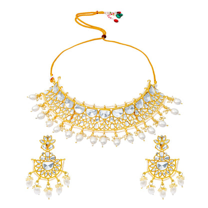 Traditional Indian Gold Plated Kundan,CZ, Studded Choker Wedding, Bridal Necklace with Matching Earring Jewelry Set For Women - White (SJN_263_W)