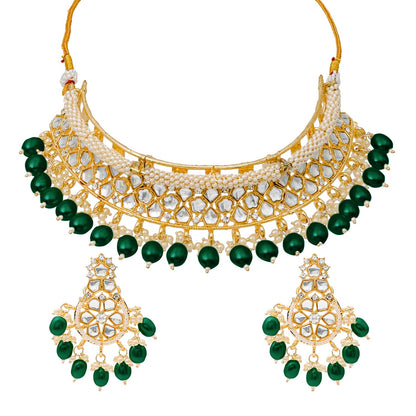 Traditional Indian Gold Plated Kundan,CZ, Studded Choker Wedding, Bridal Necklace with Matching Earring Jewelry Set For Women - Green (SJN_264_G)