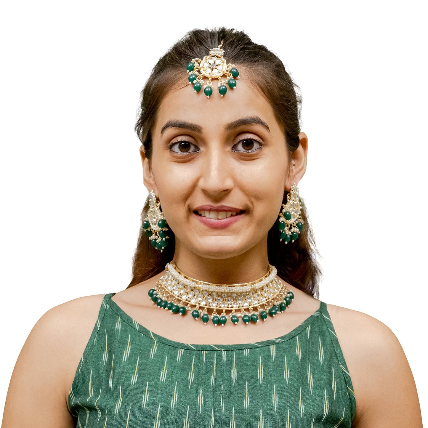 Traditional Indian Gold Plated Kundan,CZ, Studded Choker Wedding, Bridal Necklace with Matching Earring Jewelry Set For Women - Green (SJN_264_G)