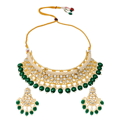 Traditional Indian Gold Plated Kundan,CZ, Studded Choker Wedding, Bridal Necklace with Matching Earring Jewelry Set For Women - Green (SJN_264_G)