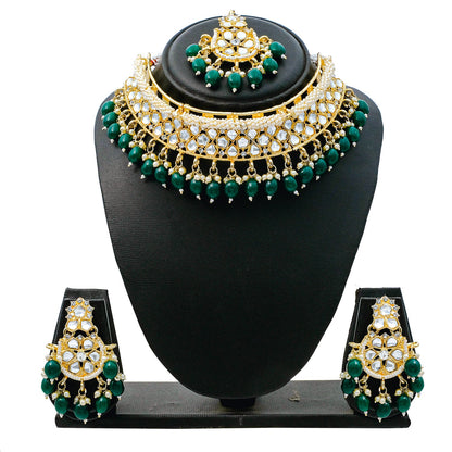 Traditional Indian Gold Plated Kundan,CZ, Studded Choker Wedding, Bridal Necklace with Matching Earring Jewelry Set For Women - Green (SJN_264_G)