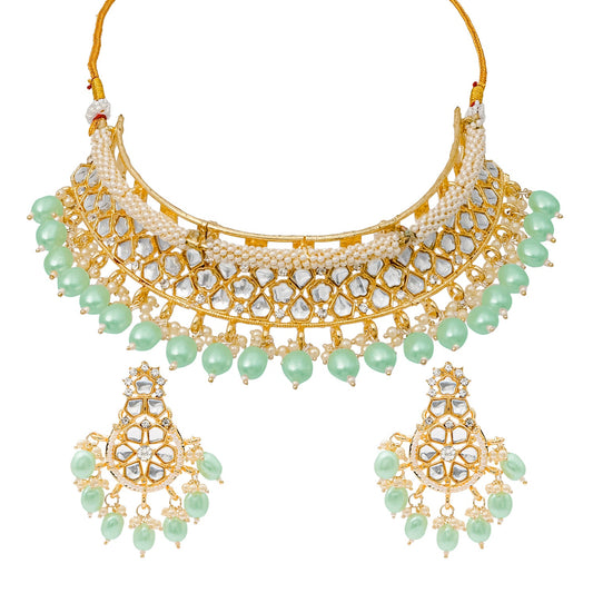 Traditional Indian Gold Plated Kundan,CZ, Studded Choker Wedding, Bridal Necklace with Matching Earring Jewelry Set For Women - Light Green (SJN_264_LG)