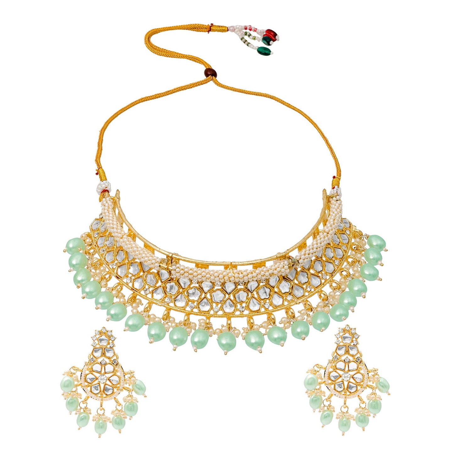 Traditional Indian Gold Plated Kundan,CZ, Studded Choker Wedding, Bridal Necklace with Matching Earring Jewelry Set For Women - Light Green (SJN_264_LG)