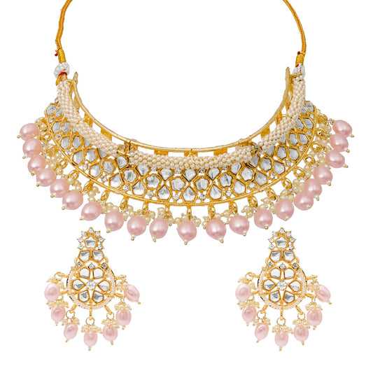 Traditional Indian Gold Plated Kundan,CZ, Studded Choker Wedding, Bridal Necklace with Matching Earring Jewelry Set For Women - Light Pink (SJN_264_LP)