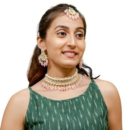 Traditional Indian Gold Plated Kundan,CZ, Studded Choker Wedding, Bridal Necklace with Matching Earring Jewelry Set For Women - Light Pink (SJN_264_LP)