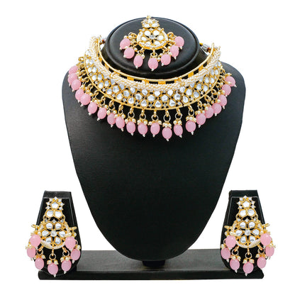 Traditional Indian Gold Plated Kundan,CZ, Studded Choker Wedding, Bridal Necklace with Matching Earring Jewelry Set For Women - Light Pink (SJN_264_LP)