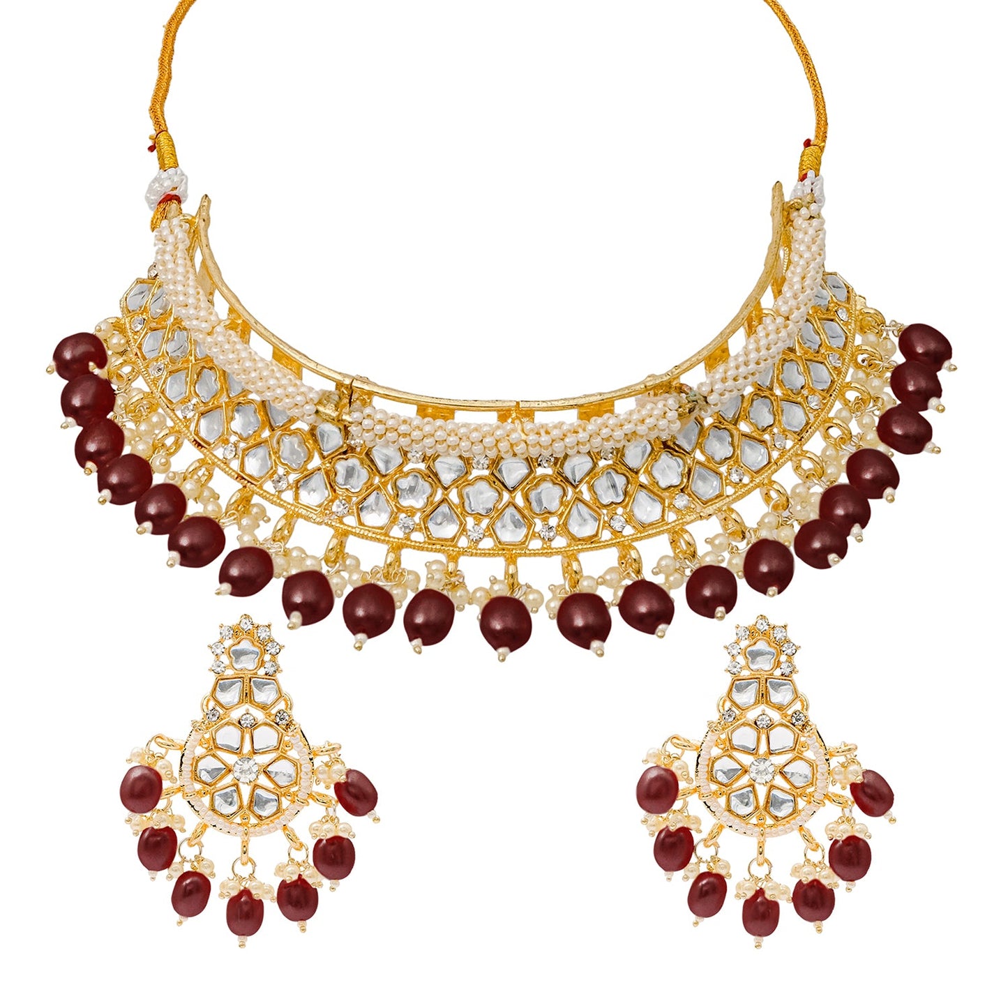 Traditional Indian Gold Plated Kundan,CZ, Studded Choker Wedding, Bridal Necklace with Matching Earring Jewelry Set For Women - Maroon (SJN_264_M)