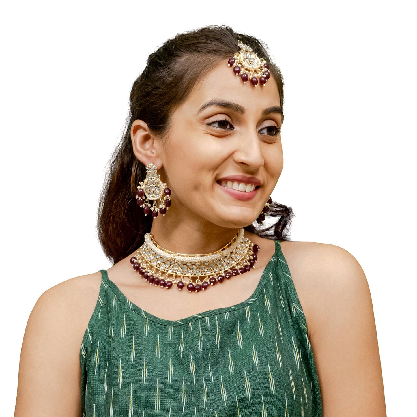 Traditional Indian Gold Plated Kundan,CZ, Studded Choker Wedding, Bridal Necklace with Matching Earring Jewelry Set For Women - Maroon (SJN_264_M)